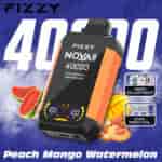 Appareil de vape FIZZY NQVA Plus en orange et noir étiqueté ' Peach Mango Watermelon ', avec des images de pastèque, de mangue et de pêche, mettant en évidence 400 bouffées, un réglage de vitesse et des fonctionnalités de bobine à double maille.