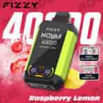 Appareil de vape jetable Fizzy NQVA Plus au goût framboise-citron avec un affichage numérique, des accents jaunes, des images de framboises et de citron et des fonctionnalités mises en évidence telles que le réglage de la vitesse et la bobine à double maille.