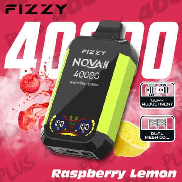 Appareil de vape jetable Fizzy NQVA Plus au goût framboise-citron avec un affichage numérique, des accents jaunes, des images de framboises et de citron et des fonctionnalités mises en évidence telles que le réglage de la vitesse et la bobine à double maille.