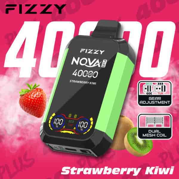 Publicité montrant un appareil de vape Fizzy NQVA Plus en vert et noir, avec des images d'une fraise et d'un kiwi tranché, mettant en évidence des fonctionnalités telles que le réglage de la vitesse, une bobine à double maille et 40 000 bouffées, sur un fond rose avec des effets de fumée.