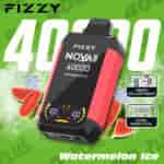 Appareil de vape jetable de marque FIZZY étiqueté ' NQVA Plus Watermelon Ice ' avec des images de tranches de pastèque, de glaçons, un affichage numérique et des icônes pour le réglage de la vitesse et une bobine à double maille sur fond vert.