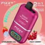 Image promotionnelle du vape jetable 2-en-1 Fizzy Twins, comprenant un appareil rose offrant 50 000 bouffées avec des options de saveur de glace à la fraise et de cerise pétillante, illustrées par des fraises, des glaçons, des cerises et une boisson à la cerise.