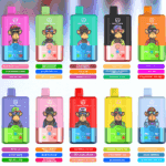 Zehn farbenfrohe Einweg-Vaporizer, jedes mit einer Cartoon-Affenillustration versehen und mit verschiedenen E-Liquid-Geschmacksrichtungen und Geschmackskombinationen beschriftet, in zwei Reihen vor einem verschwommenen Hintergrund angeordnet.