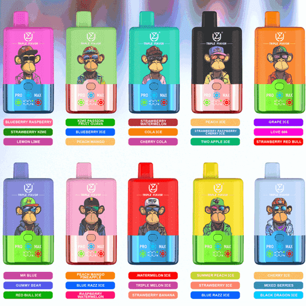 Zehn farbenfrohe Einweg-Vaporizer, jedes mit einer Cartoon-Affenillustration versehen und mit verschiedenen E-Liquid-Geschmacksrichtungen und Geschmackskombinationen beschriftet, in zwei Reihen vor einem verschwommenen Hintergrund angeordnet.