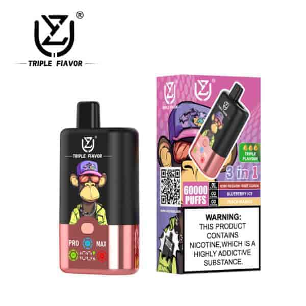 Vape-Gerät und Verpackung mit drei Geschmacksrichtungen mit einem Comic-Affen mit Sonnenbrille und Hut, der auf '3 in 1'-Geschmacksrichtungen hinweist, 60.000 Züge und einem Warnhinweis zur Nikotinsucht.