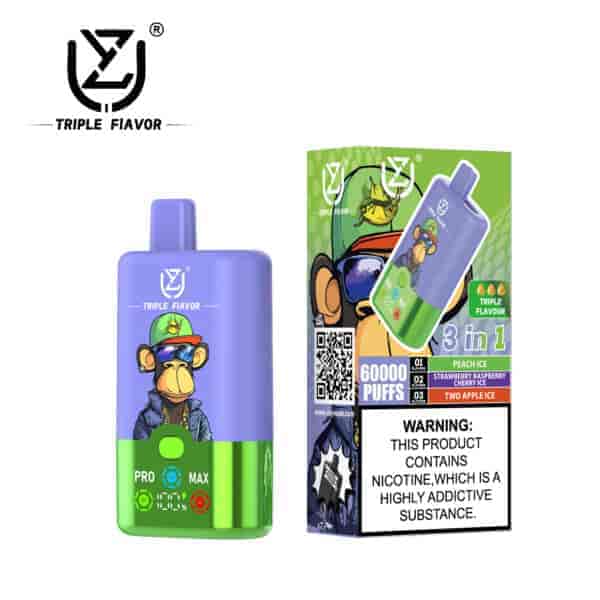 Einweg-Vape-Gerät der Marke Triple Flavor in Lila und Grün mit illustriertem Cartoon-Affen mit Sonnenbrille und Kappe, neben der Verpackung abgebildet, die 60.000 Züge, drei Geschmacksrichtungen und eine Warnung vor Nikotinsucht hervorhebt.