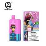 Vape-Produkt mit drei Geschmacksrichtungen im rosa-blauen Design mit einem Cartoon-Affen mit Sonnenbrille und Mütze, neben der Verpackung mit der Hervorhebung von drei Geschmacksrichtungen, 60.000 Zügen und einer Nikotinwarnung.