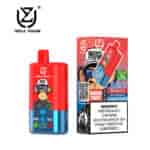Einweg-Vape-Gerät und Verpackung mit drei Geschmacksrichtungen, mit einem Cartoon-Affen mit Sonnenbrille und Hut, beschriftet mit den Geschmacksrichtungen Watermelon Ice, Triple Melon Ice, Strawberry Banana und einer Warnung vor Nikotinsucht.