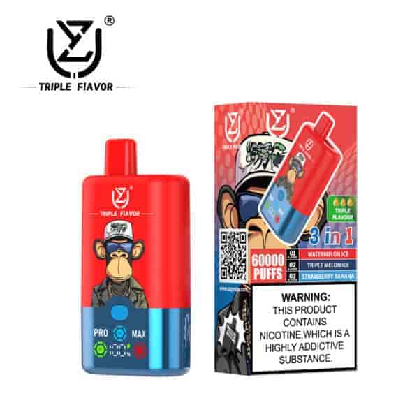 Einweg-Vape-Gerät und Verpackung mit drei Geschmacksrichtungen, mit einem Cartoon-Affen mit Sonnenbrille und Hut, beschriftet mit den Geschmacksrichtungen Watermelon Ice, Triple Melon Ice, Strawberry Banana und einer Warnung vor Nikotinsucht.