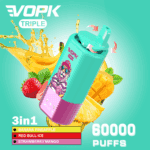 Farbenfrohes VOPK TRIPLE Einweg-Vape-Gerät mit einem stilisierten Löwen mit Sonnenbrille, umgeben von Erdbeeren, Banane, Mango und Ananas, mit Geschmacksoptionen und dem Text '3 in 1', '60000 Züge'.