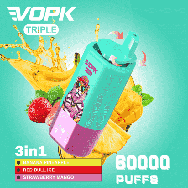 Farbenfrohes VOPK TRIPLE Einweg-Vape-Gerät mit einem stilisierten Löwen mit Sonnenbrille, umgeben von Erdbeeren, Banane, Mango und Ananas, mit Geschmacksoptionen und dem Text '3 in 1', '60000 Züge'.