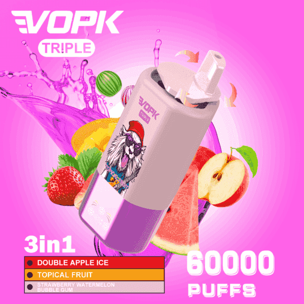 Werbebild für VOPK Triple Vape-Gerät mit einer Cartoon-Katze mit Sonnenbrille, umgeben von Spritzern Fruchtsaft, Erdbeeren, Äpfeln, Wassermelone und Mango, mit Text, der die Geschmacksrichtungen hervorhebt (Double Apple Ice, Topical Fruit, Strawberry Watermelon Bubble Gum) und Werbung für 60.000 Züge.