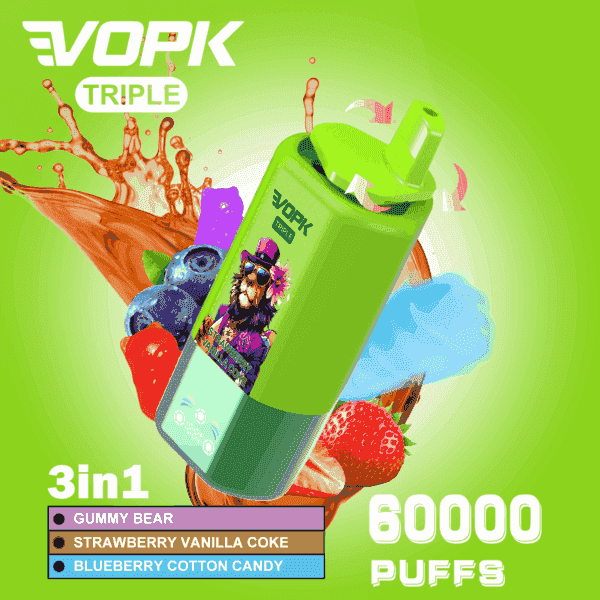 Farbenfrohes VOPK-Triple-Vape-Gerät mit einem Löwen mit Sonnenbrille und Hut, umgeben von Gummibärchen, Blaubeeren, einer Erdbeere, Spritzer Cola und Text, der drei Geschmacksrichtungen hervorhebt (Gummibärchen, Erdbeer-Vanille-Cola, Blaubeer-Zuckerwatte) mit einem Anspruch auf 60.000 Züge.