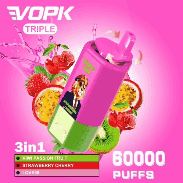 Farbenfrohes VOPK TRIPLE Vape-Gerät mit einer Löwenillustration, umgeben von Spritzern aus Fruchtsaft, Erdbeeren, Kiwis und Passionsfrüchten, mit Hervorhebung von Aromen und Text, der für 60.000 Züge und 3-in-1-Optionen wirbt.