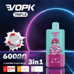 VOPK Triple-Vape-Produktwerbung mit einem farbenfrohen Vape-Gerät mit einem Cartoon-Löwen mit Sonnenbrille und Kappe, der 60.000 Züge, 3 einstellbare Geschmacksrichtungen, 3-in-1-Funktionalität und 650-mAh-Typ-C-Aufladung hervorhebt.