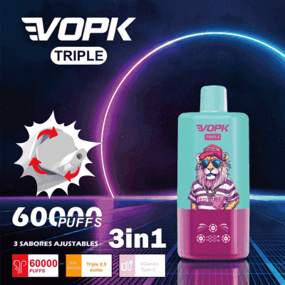 VOPK Triple-Vape-Produktwerbung mit einem farbenfrohen Vape-Gerät mit einem Cartoon-Löwen mit Sonnenbrille und Kappe, der 60.000 Züge, 3 einstellbare Geschmacksrichtungen, 3-in-1-Funktionalität und 650-mAh-Typ-C-Aufladung hervorhebt.