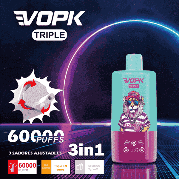 VOPK Triple-Vape-Produktwerbung mit einem farbenfrohen Vape-Gerät mit einem Cartoon-Löwen mit Sonnenbrille und Kappe, der 60.000 Züge, 3 einstellbare Geschmacksrichtungen, 3-in-1-Funktionalität und 650-mAh-Typ-C-Aufladung hervorhebt.