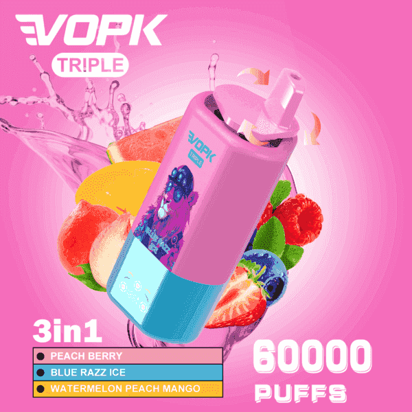 Farbenfrohe Werbung für das VOPK TRIPLE Vape-Gerät mit drei Geschmacksrichtungen – Peach Berry, Blue Razz Ice und Watermelon Peach Mango – mit Fruchtillustrationen und Text, die 60.000 Züge hervorheben.