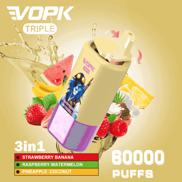 Werbebild für VOPK Triple Vape mit einem gold- und violetten Gerät, Illustrationen von Früchten wie Banane, Wassermelone, Ananas, Himbeere, Kokosnuss und Text, der 3-in-1-Geschmacksrichtungen und 60.000 Züge hervorhebt.