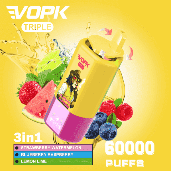 Werbung für Vopk Triple Vape-Gerät mit rotierendem Mundstück und drei Geschmacksrichtungen: Erdbeer-Wassermelone, Blaubeer-Himbeere und Zitronen-Limette, neben Bildern der Früchte und Text, der 60.000 Züge hervorhebt.
