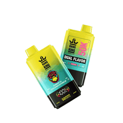 Two colorful Bang King branded disposable vape devices, each displaying a flavor label, digital puff counter, and monkey face illustration, with the text "50,000 puffs" prominently shown.