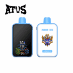 Two blue electronic vaping devices, one showing a digital display with control buttons and the other featuring a robot illustration and the label 'Blueberry Ice'.