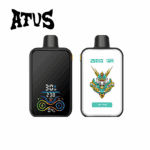Two electronic vape devices, one with a digital display and controls, the other with a colorful robot illustration and labeled 'COOL MINT,' with the brand name ATUS above them.