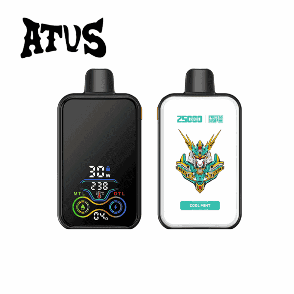 Two electronic vape devices, one with a digital display and controls, the other with a colorful robot illustration and labeled 'COOL MINT,' with the brand name ATUS above them.