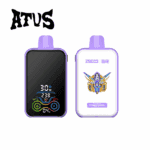 Two purple ATUS vape devices, one showing a digital display with colored indicators, the other featuring a robotic helmet illustration and 'Double Apples' flavor label.