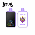 Front and back views of a purple electronic vaping device labeled ATUS, with a digital display on the front and a robotic graphic with 'GRAPE ICE' text on the back.
