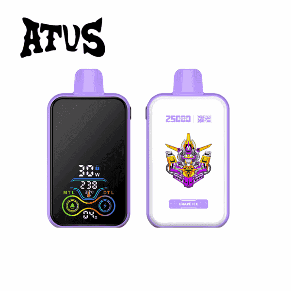 Front and back views of a purple electronic vaping device labeled ATUS, with a digital display on the front and a robotic graphic with 'GRAPE ICE' text on the back.
