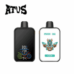 Two rectangular vape devices, one showing a digital display with control icons and the other featuring a colorful robot graphic labeled 'Guava Ice', with the brand name 'ATUS' above.