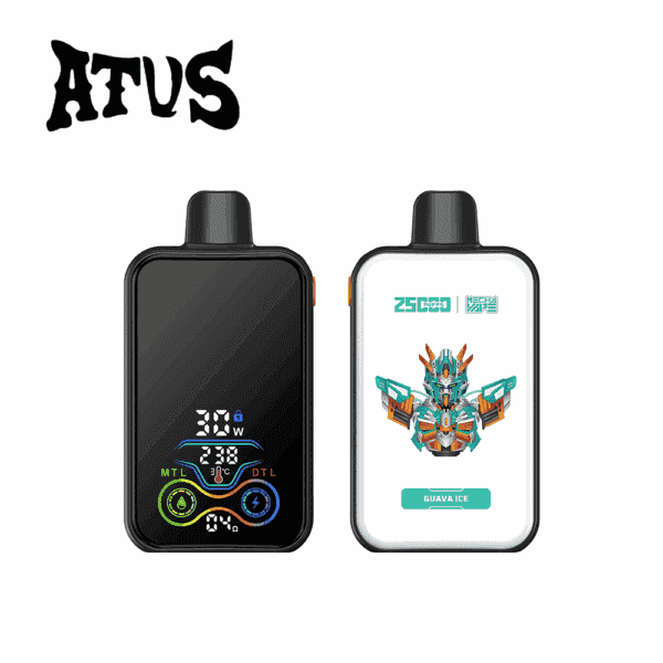 Two rectangular vape devices, one showing a digital display with control icons and the other featuring a colorful robot graphic labeled 'Guava Ice', with the brand name 'ATUS' above.