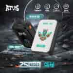 Promotional image for AFUS disposable vapes highlighting Cool Mint and Guava Ice flavors, with close-up views of the devices, features like 25000 puffs, 1000mAh battery, 28ml e-liquid, Type-C charging, and dual mesh coil, all set against a futuristic, rocky background.