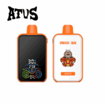 Two orange and white ATUS branded vape devices, one showing a digital display and the other featuring a robotic superhero illustration with 'Mango Ice' flavor label.