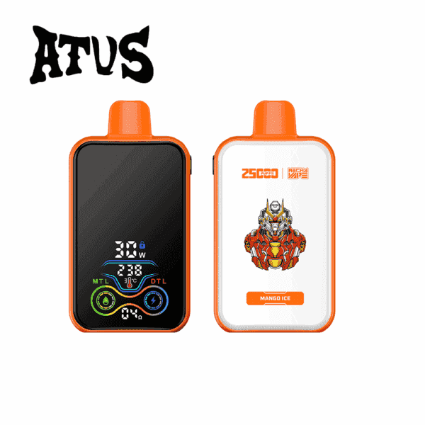 Two orange and white ATUS branded vape devices, one showing a digital display and the other featuring a robotic superhero illustration with 'Mango Ice' flavor label.