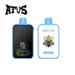 Two blue and white electronic vaping devices, one displaying a digital control screen and the other featuring a robot illustration and the label 'MIXED FRUIT', with the brand name 'ATUS' above.
