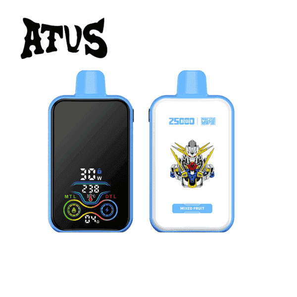 Two blue and white electronic vaping devices, one displaying a digital control screen and the other featuring a robot illustration and the label 'MIXED FRUIT', with the brand name 'ATUS' above.