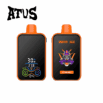 Two orange electronic vape devices with digital screens, one displaying vaping settings and the other featuring a robot illustration and the label "Orange Soda;" above them is the stylized word "ATUS."