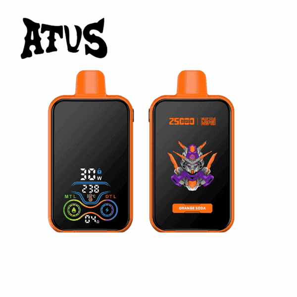Two orange electronic vape devices with digital screens, one displaying vaping settings and the other featuring a robot illustration and the label "Orange Soda;" above them is the stylized word "ATUS."