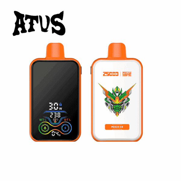Two orange and white electronic vape devices, one displaying a digital screen with settings and the other featuring a colorful robot head graphic and the flavor label 'Peach Ice.'