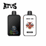 Two rectangular vape devices with black mouthpieces; the left device has a black screen displaying colorful digital indicators, while the right device is white with a robot illustration and the text 'Pineapple Ice.'