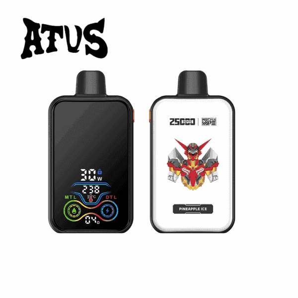 Two rectangular vape devices with black mouthpieces; the left device has a black screen displaying colorful digital indicators, while the right device is white with a robot illustration and the text 'Pineapple Ice.'