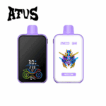Two purple electronic vaping devices with digital displays, one showing control settings and the other featuring a colorful robot illustration and labeled 'Rose Lychee'.