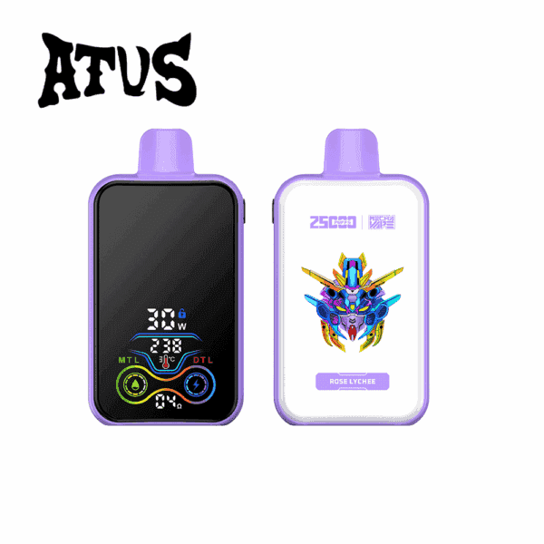 Two purple electronic vaping devices with digital displays, one showing control settings and the other featuring a colorful robot illustration and labeled 'Rose Lychee'.