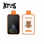 Two orange and black vaping devices, one displaying a digital screen with settings, the other featuring a robot illustration, branding, and labeled with strawberry ice flavor.