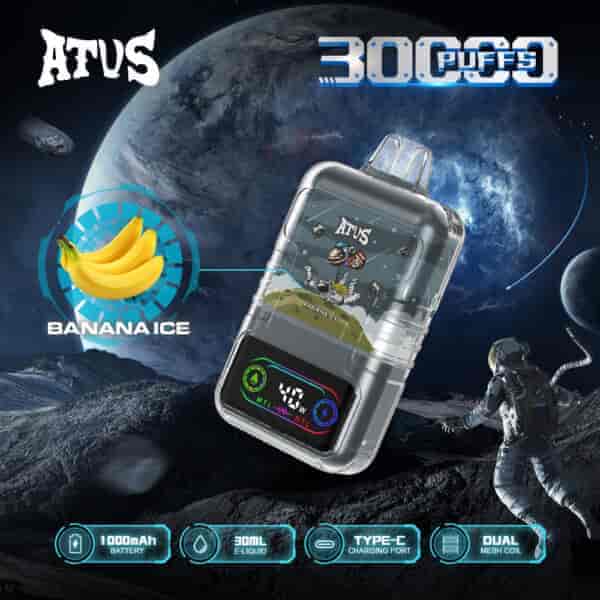 Werbebild für ein ATVS Banana Ice Vape-Gerät mit 30.000 Zügen, mit einem futuristischen Weltraumthema mit einem Astronauten, Planeten und einer Nahaufnahme des Geräts mit Spezifikationen wie 1000-mAh-Akku, 30 ml E-Liquid, Typ-C-Ladeanschluss und Dual-Mesh-Spule.