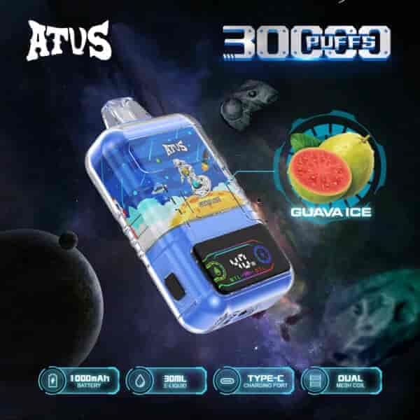 Werbebild eines Einweg-Vape-Geräts der Marke ATUS mit Weltraumdesign, das 30.000 Züge in der Geschmacksrichtung Guava Ice liefert, mit einem digitalen Bildschirm und Symbolen, die einen 1000-mAh-Akku, 30 ml E-Liquid, Typ-C-Aufladung und Dual-Mesh-Spule hervorheben, vor einem kosmischen Hintergrund mit Planeten und Asteroiden.