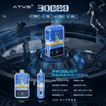 Futuristische Werbung für ein ATVS-Marken-Vape-Gerät mit Weltraum-Kunstwerk, das Astronauten zeigt, und Funktionen wie 30.000 Züge, 1000-mAh-Akku, 30 ml E-Liquid-Kapazität, Dual-Mesh-Spule, 40 W Leistung und verschiedene Farboptionen hervorhebt, vor dem Hintergrund einer Sci-Fi-Weltraumstation.