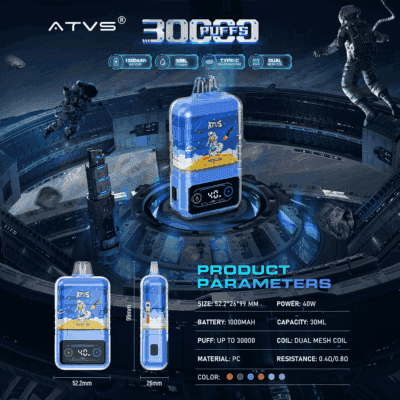 Futuristic advertisement for an ATVS branded vape device with space-themed artwork featuring astronauts, highlighting features such as 30,000 puffs, 1000mAh battery, 30ml e-liquid capacity, dual mesh coil, 40W power, and various color options, set against a sci-fi space station background.